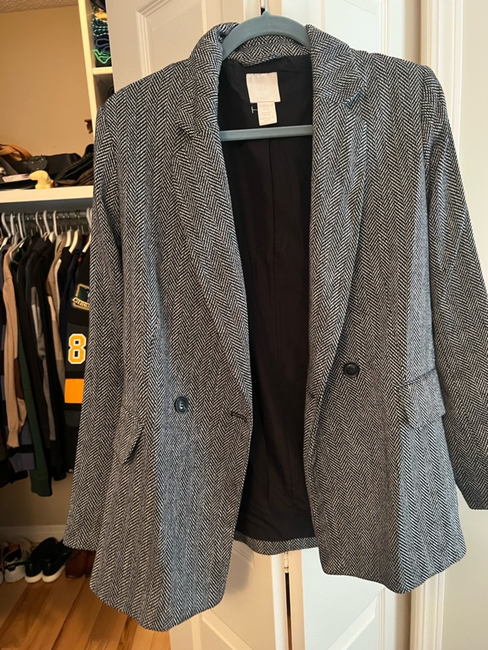 H&M Black and White Herringbone Double-Button Blazer